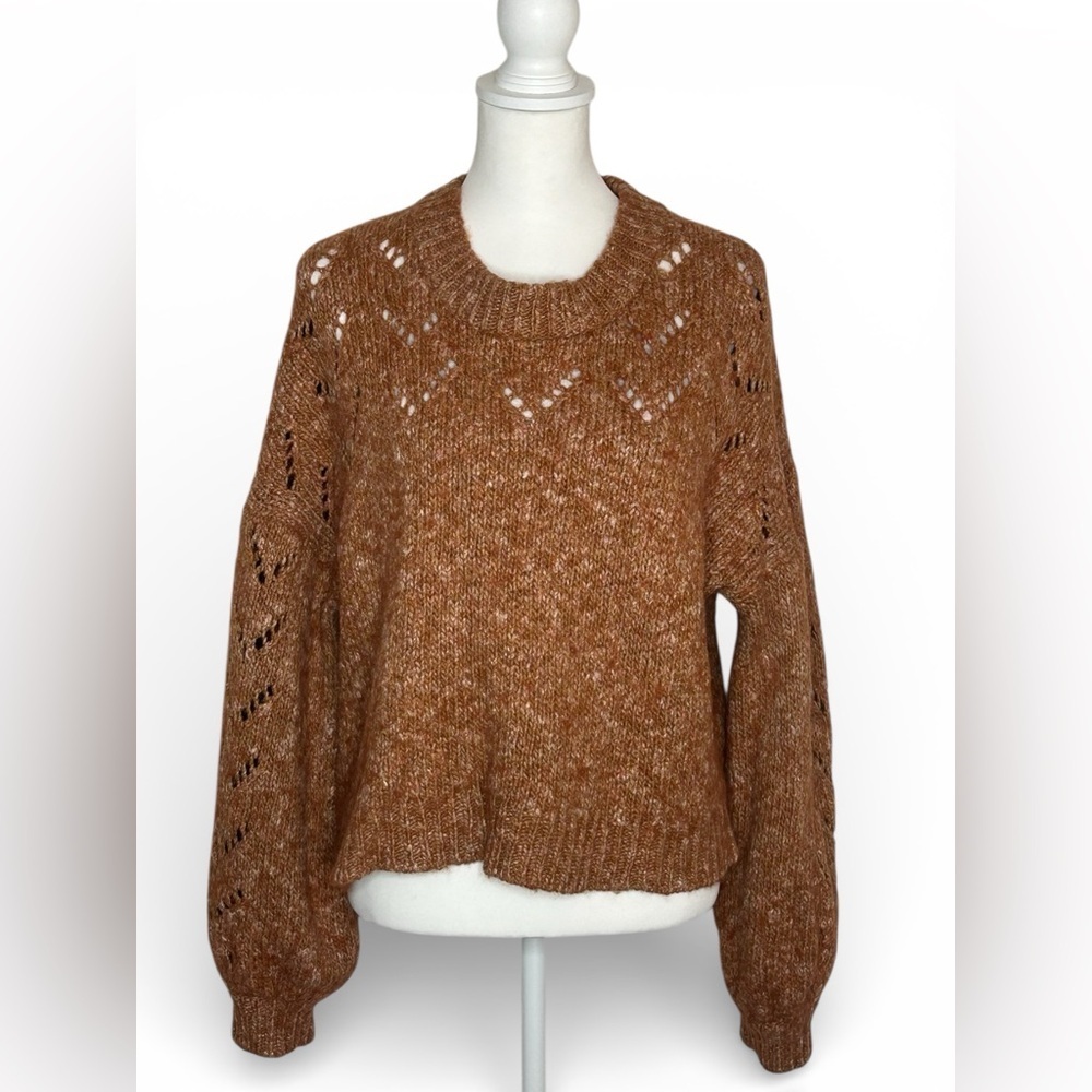 Madewell Pointelle Bubble Sleeve Crew Sweater Warm Brown Size XL EUC Fisherman